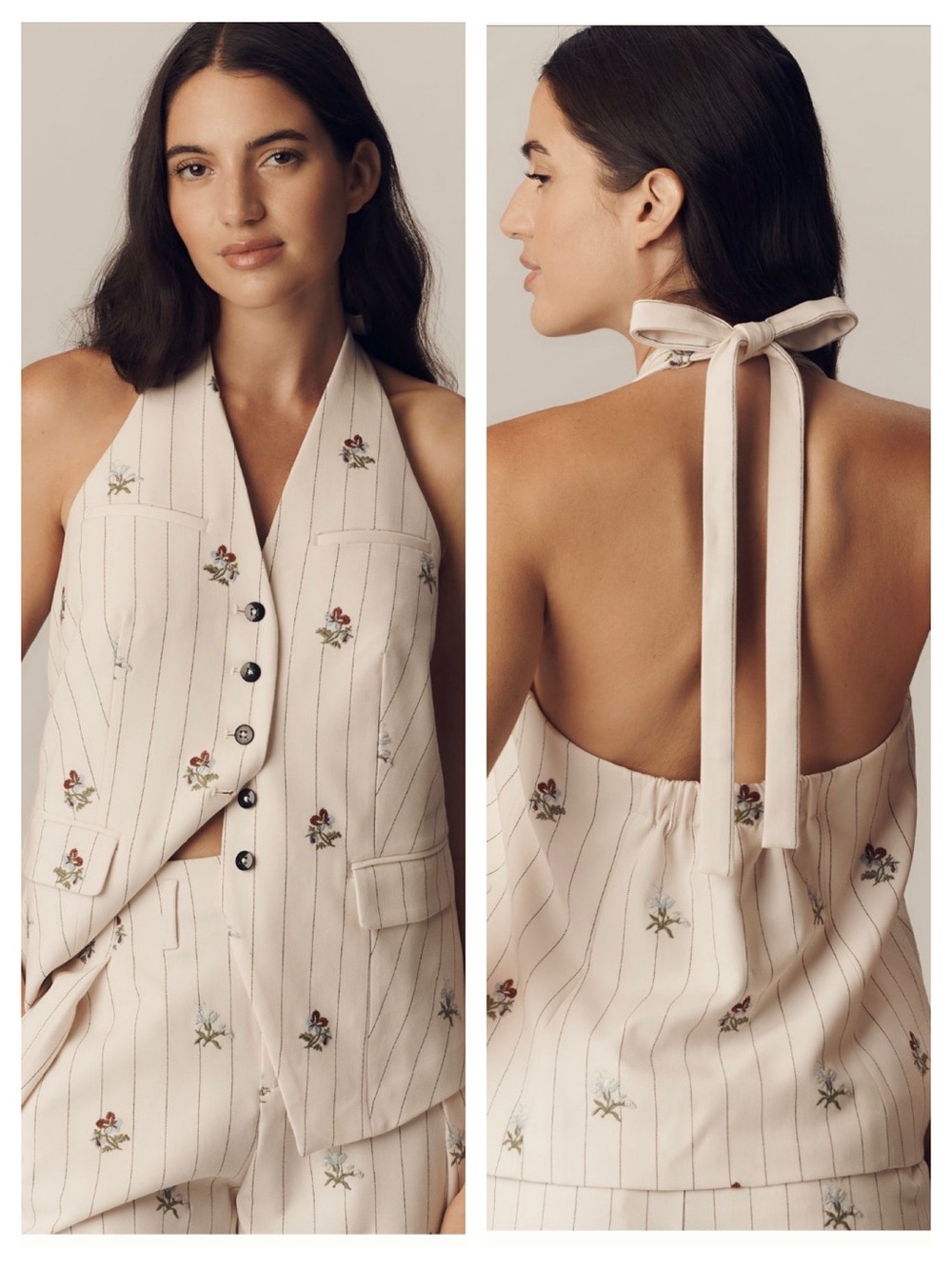 Anthropologie Preppy Feminine Floral Pinstripe Halter Vest Menswear Tailored NWT